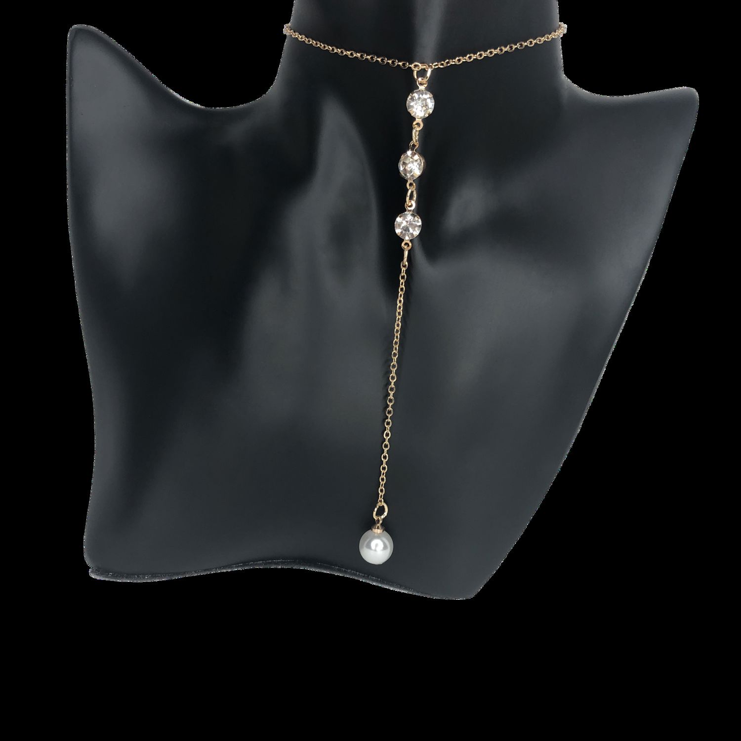 Gold Rhinestone and Pearl Y Necklace