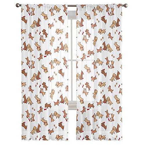 Rod Pocket Semi Sheer Curtains with Cute Doodle Dogs Design for Living Room