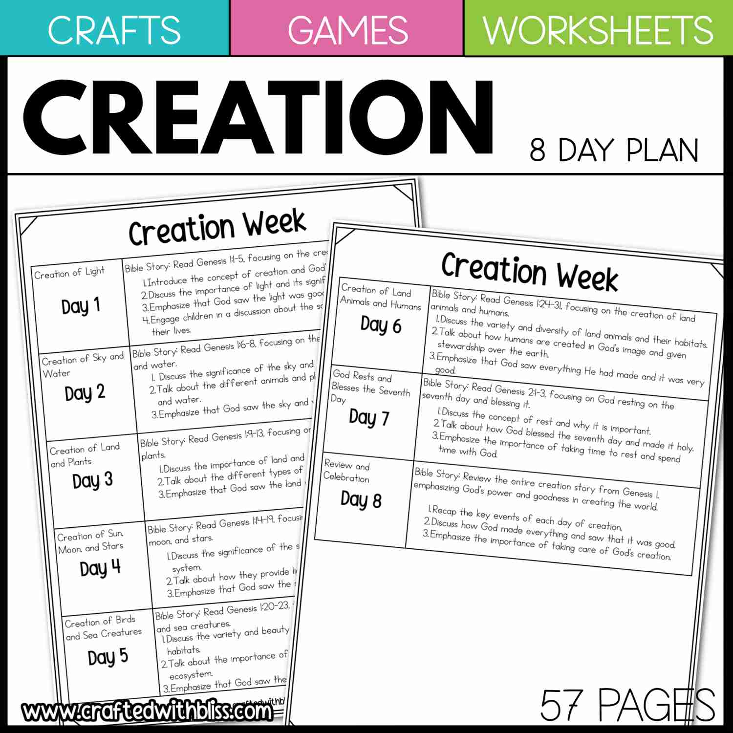 Creation Bible Story Worksheet Games Crafts for Christian Sunday School Prek-1