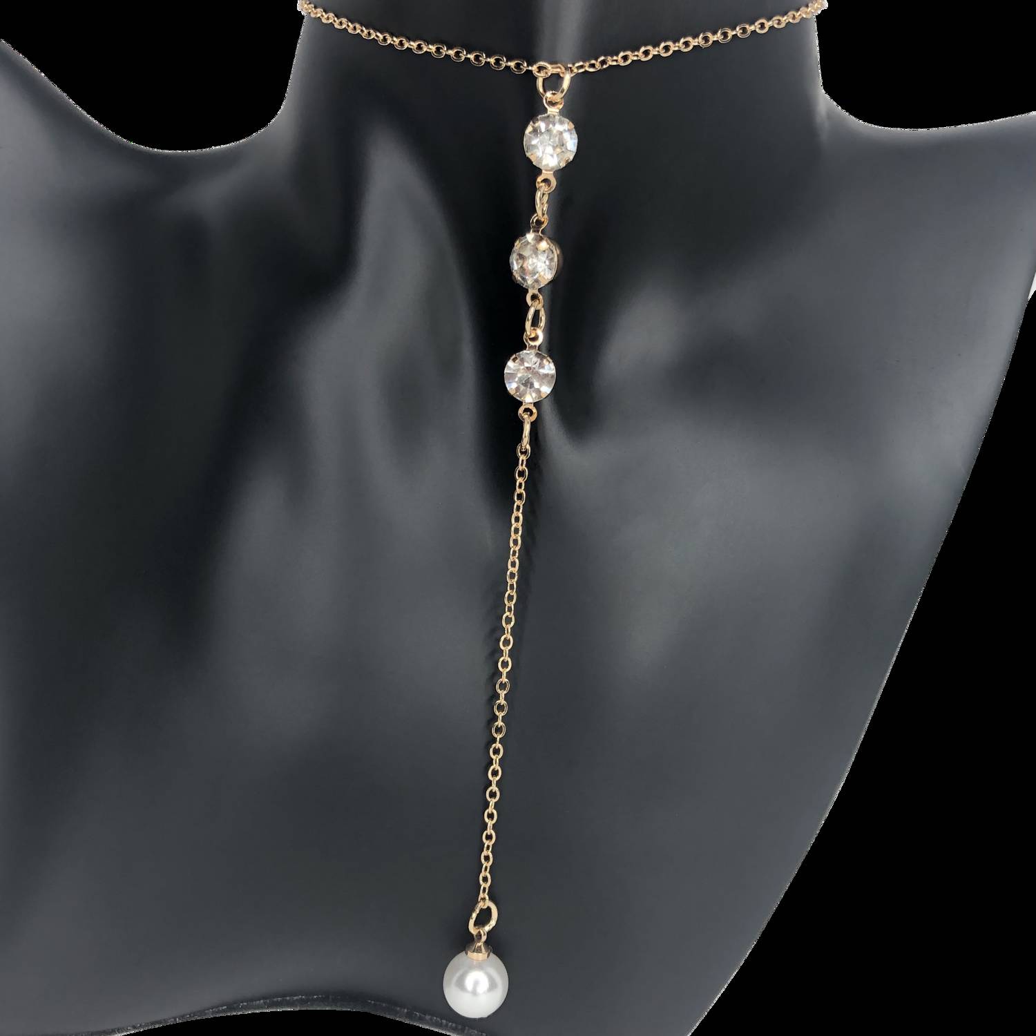 Gold Rhinestone and Pearl Y Necklace