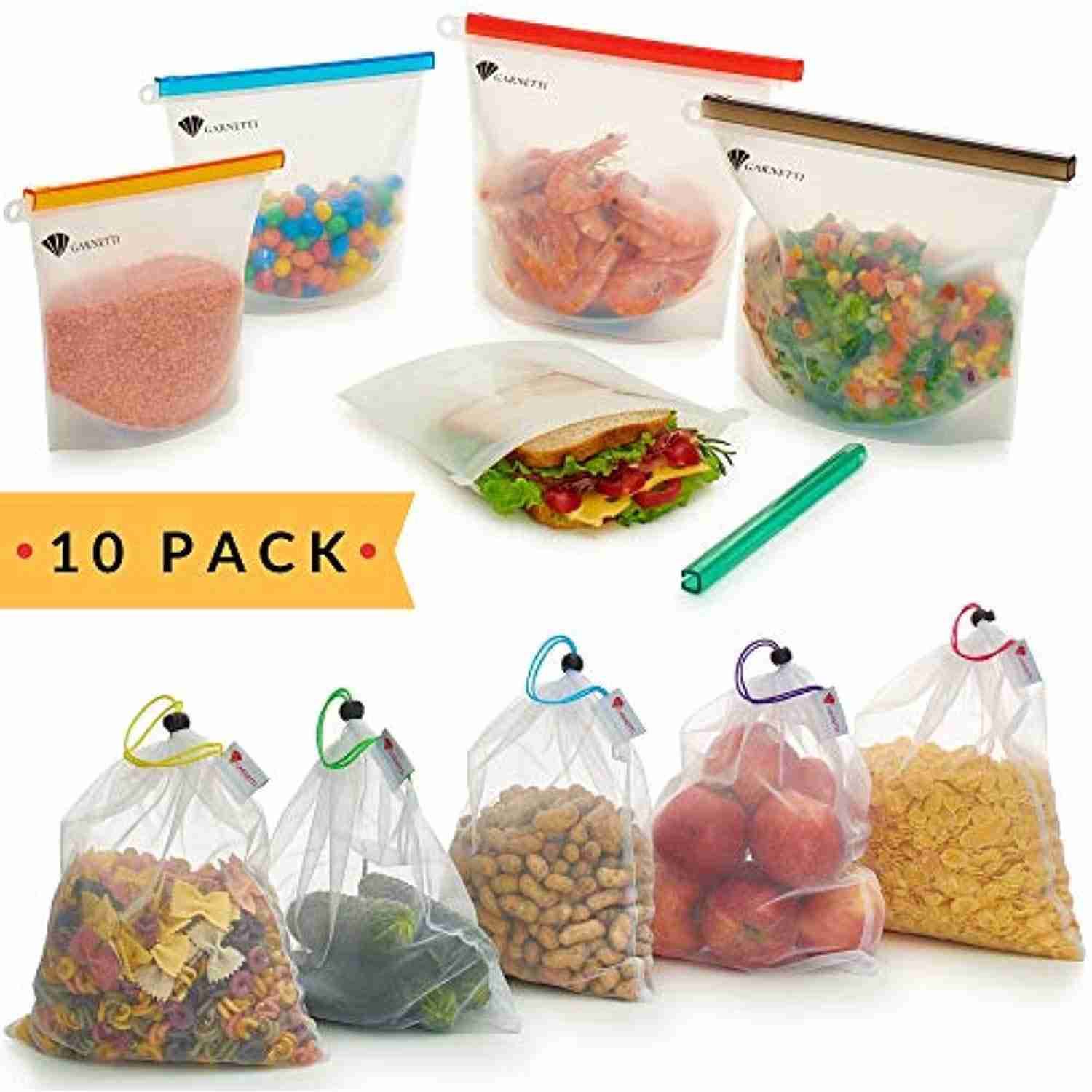 Reusable Bag Set of 10 - 5 Silicone Food Bags & 5 Produce Mesh Bags - Eco-Friendly Storage Solution