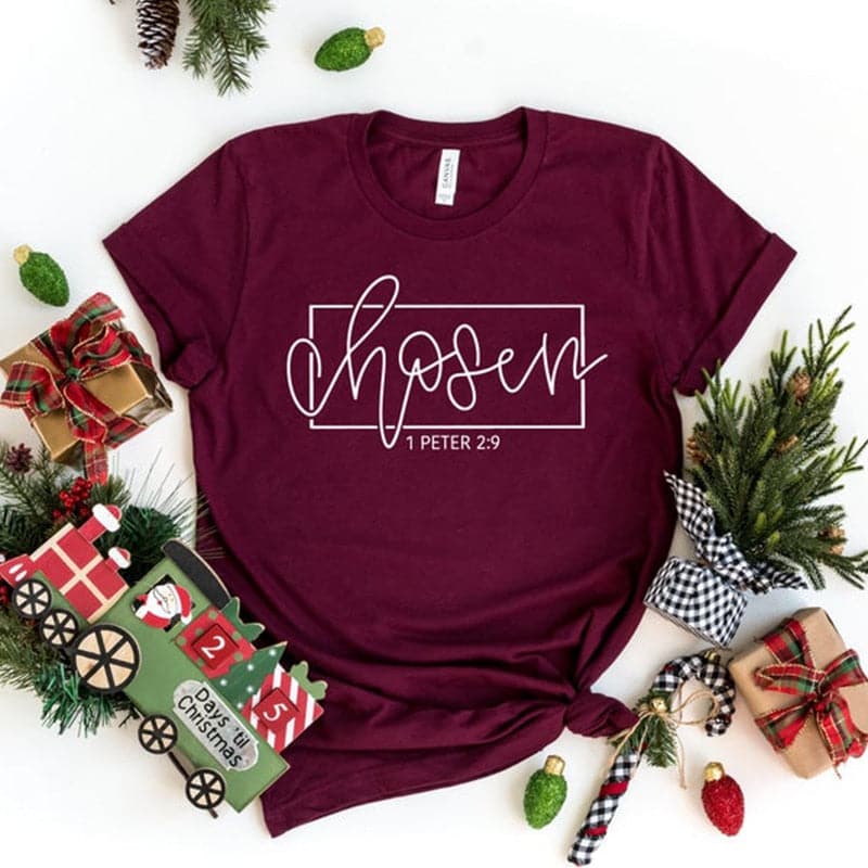 CHOSEN 1 Peter 2:9 Women's Fashion Premium Quality Christian Faith Based Burgundy Red T-Shirt