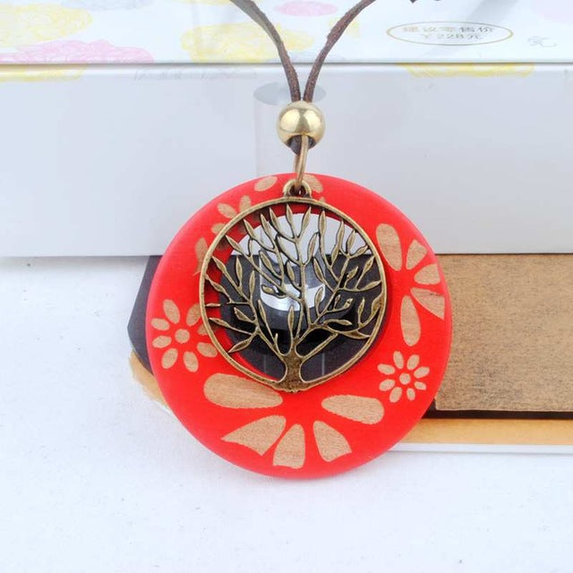Vintage Wooden Pendant Necklace for Women - Life Tree Design