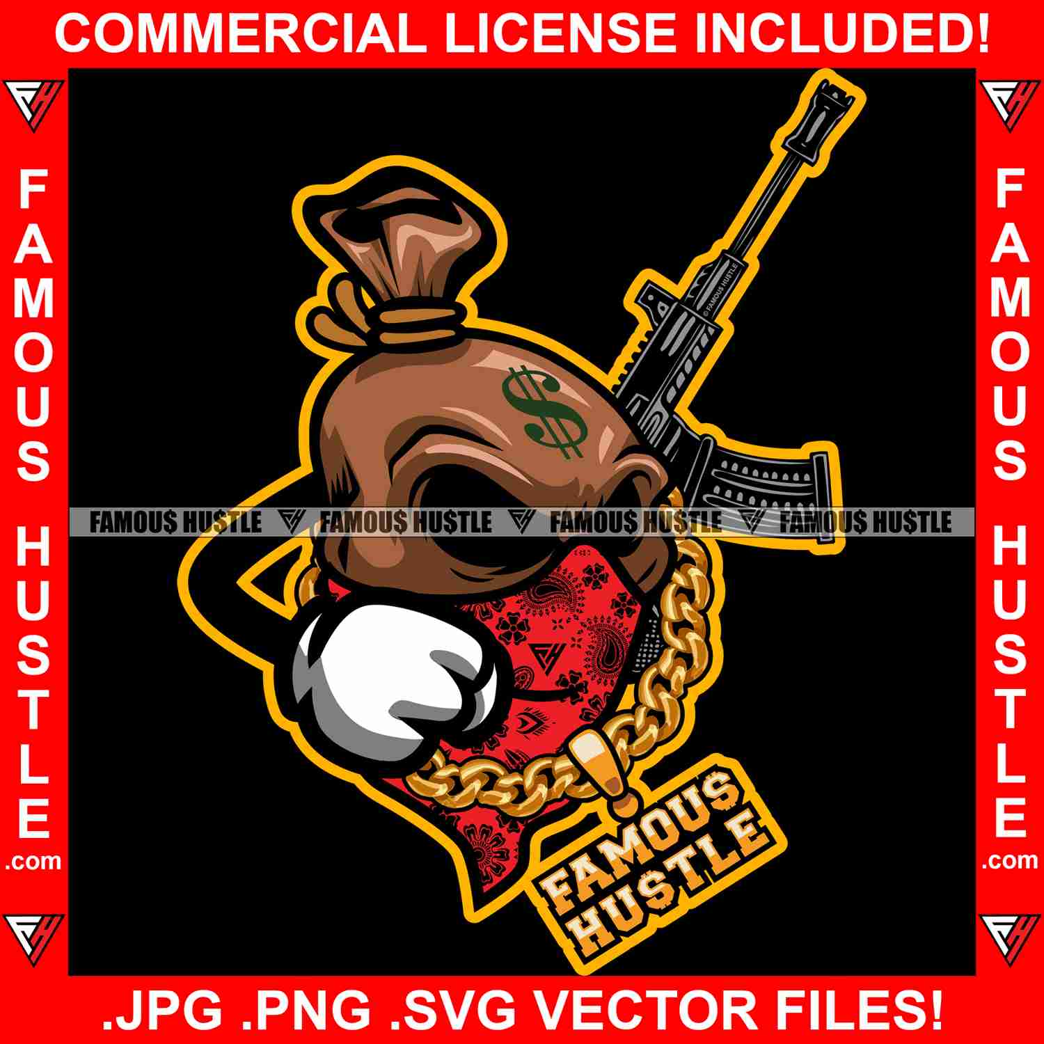 Gangster Cash Money Bag Cartoon Character Graphic Design T-Shirt Print