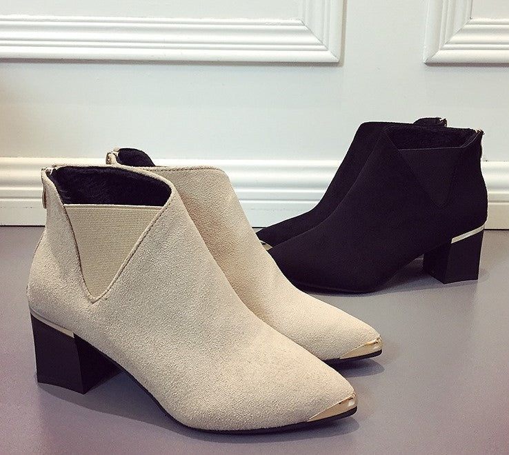 Women's PU Leather Square-Heeled Ankle Boots with Metal Decorations for Autumn/Winter