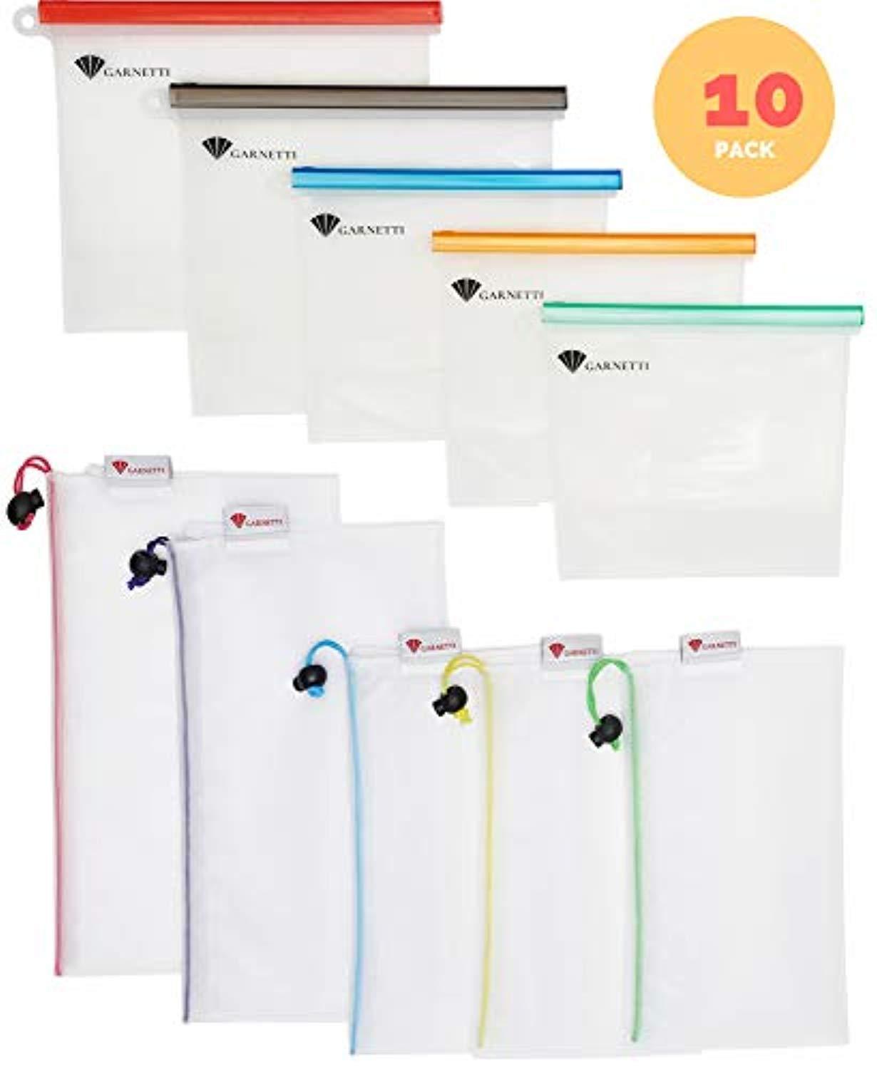 Reusable Bag Set of 10 - 5 Silicone Food Bags & 5 Produce Mesh Bags - Eco-Friendly Storage Solution