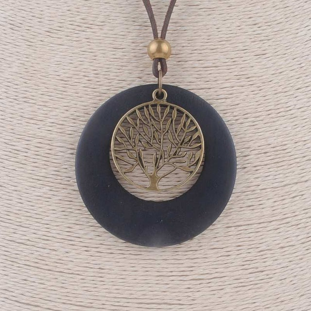 Vintage Wooden Pendant Necklace for Women - Life Tree Design