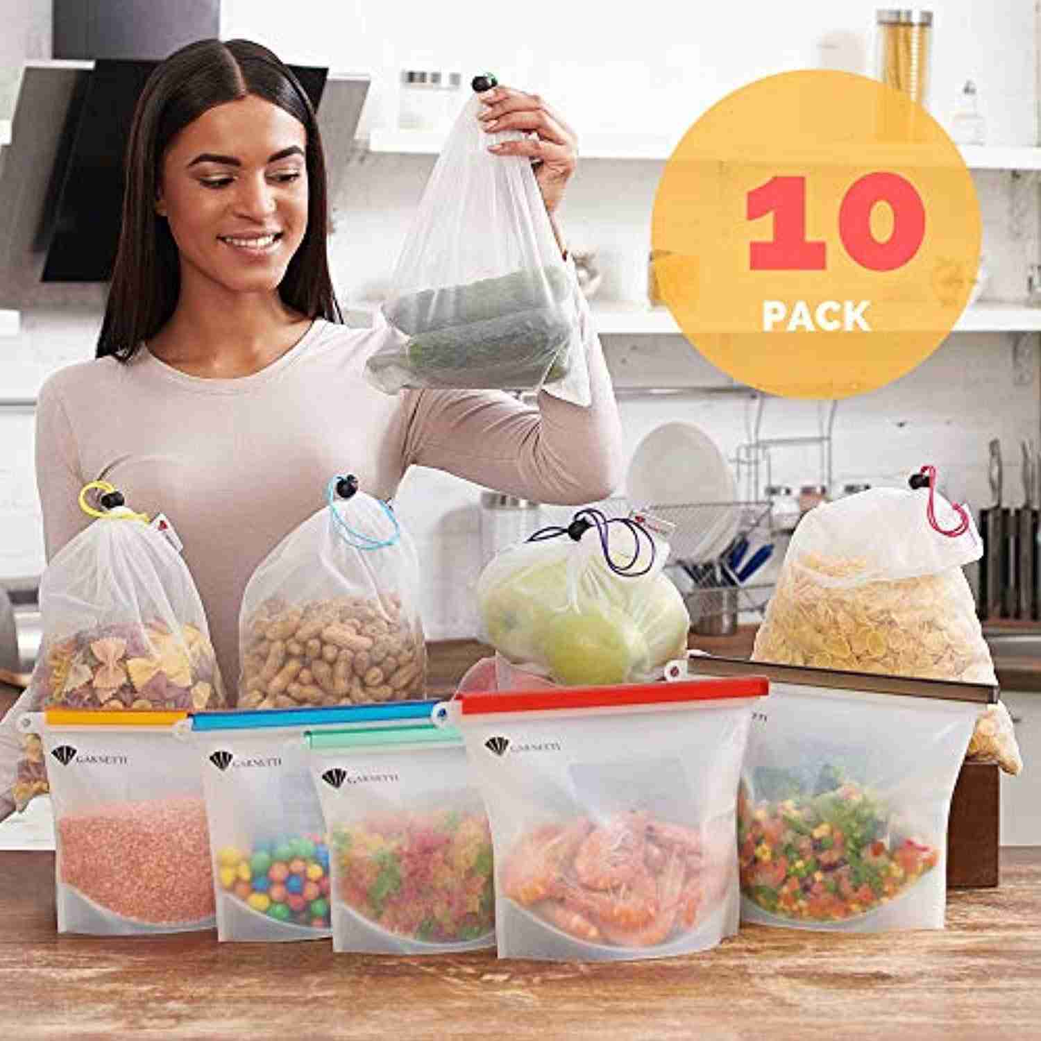 Reusable Bag Set of 10 - 5 Silicone Food Bags & 5 Produce Mesh Bags - Eco-Friendly Storage Solution