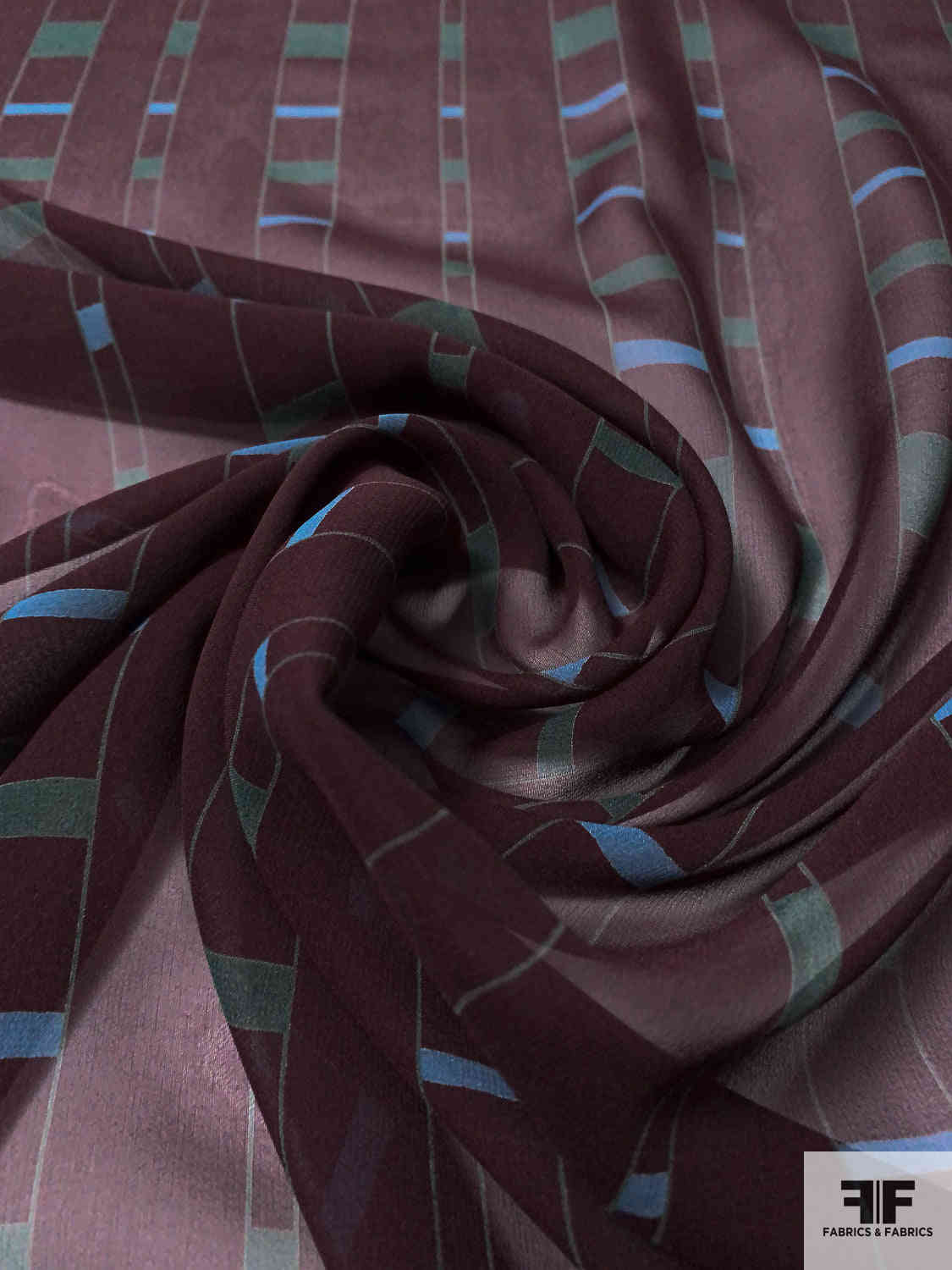 Italian Geometric Railroad Striped Printed Silk Chiffon - Wine / Green / Blue