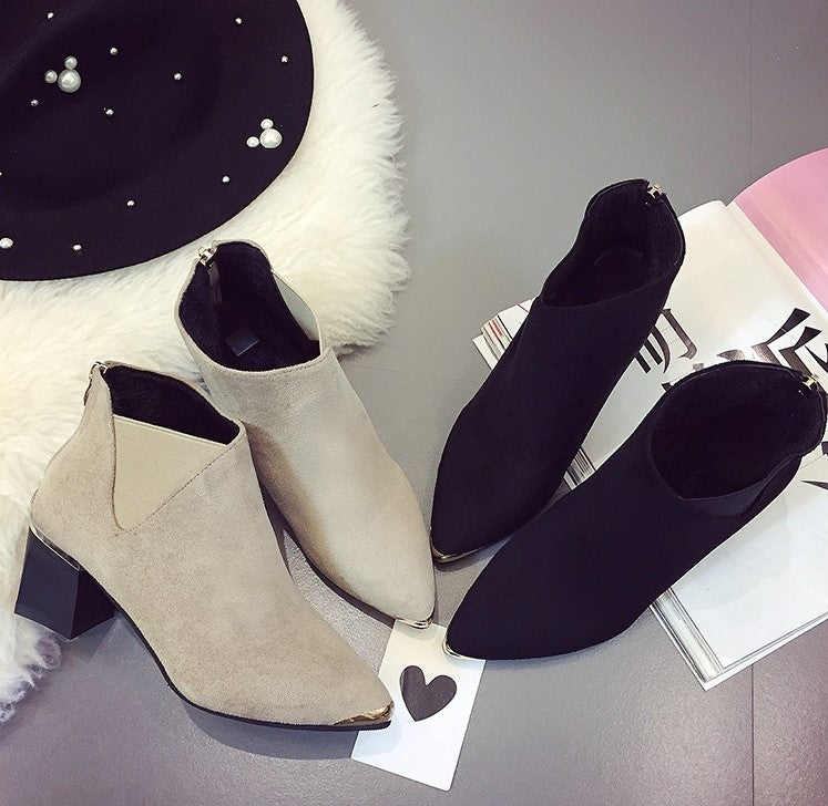 Women's PU Leather Square-Heeled Ankle Boots with Metal Decorations for Autumn/Winter