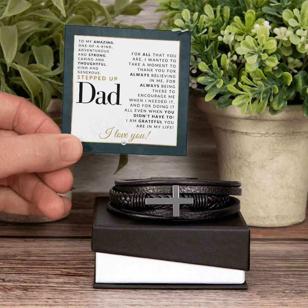 Mens Braided Leather Bracelet with Cross - Perfect Gift for Stepdad