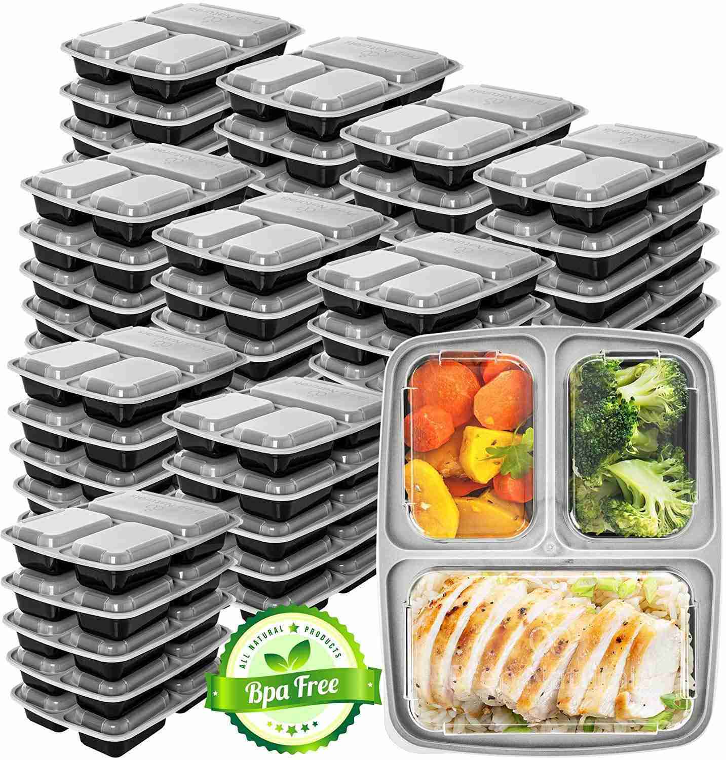 Prep Naturals Meal Prep Containers 3 Compartment [45 Pack] - BPA-Free Food Storage Containers with Lids