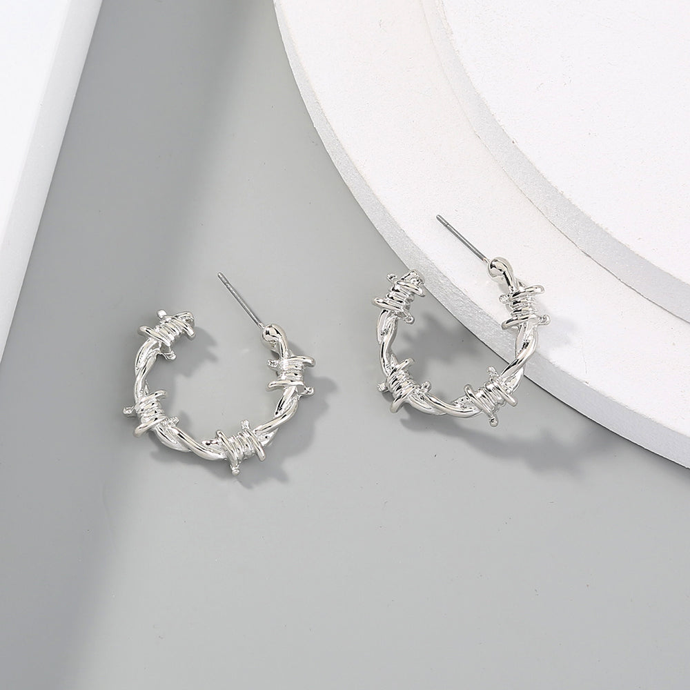 European and American Fashion Street Trend Cold Wind Metal Texture Knotted Thorn C-Shaped Earrings