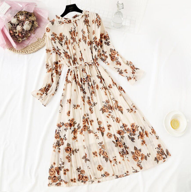 Elegant Polka Dot Women Dress - Vintage A-Line Chiffon Dress with Flare Sleeves