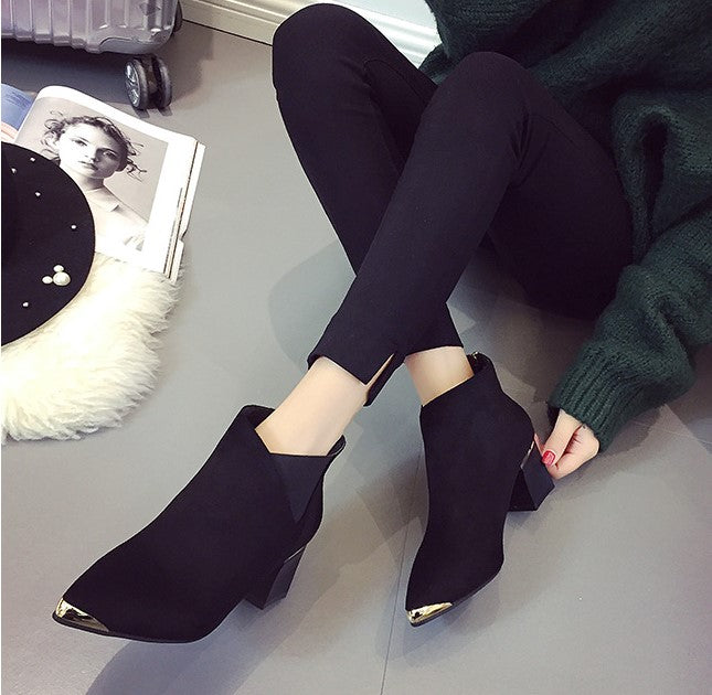 Women's PU Leather Square-Heeled Ankle Boots with Metal Decorations for Autumn/Winter