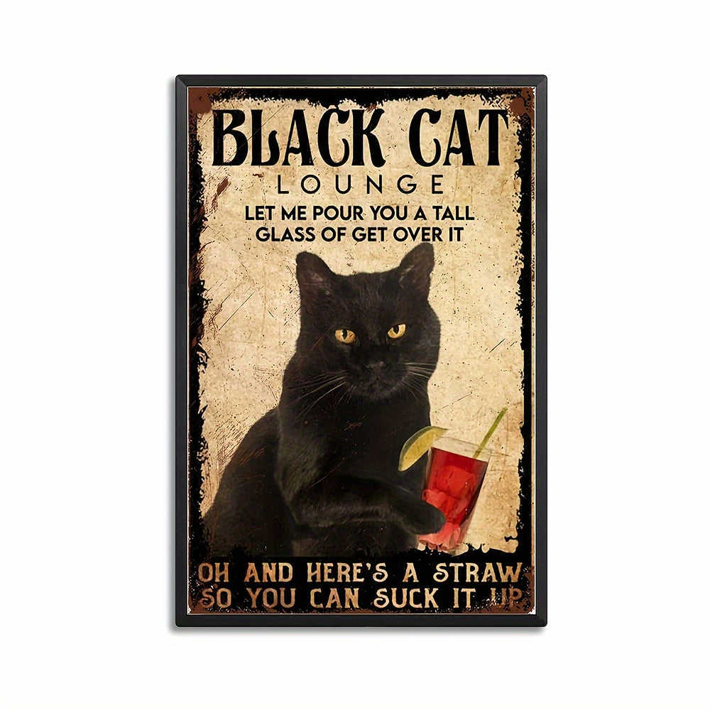 1pc Metal Sign - Black Cat Drinking Fruit Juice Lounge Wall Art