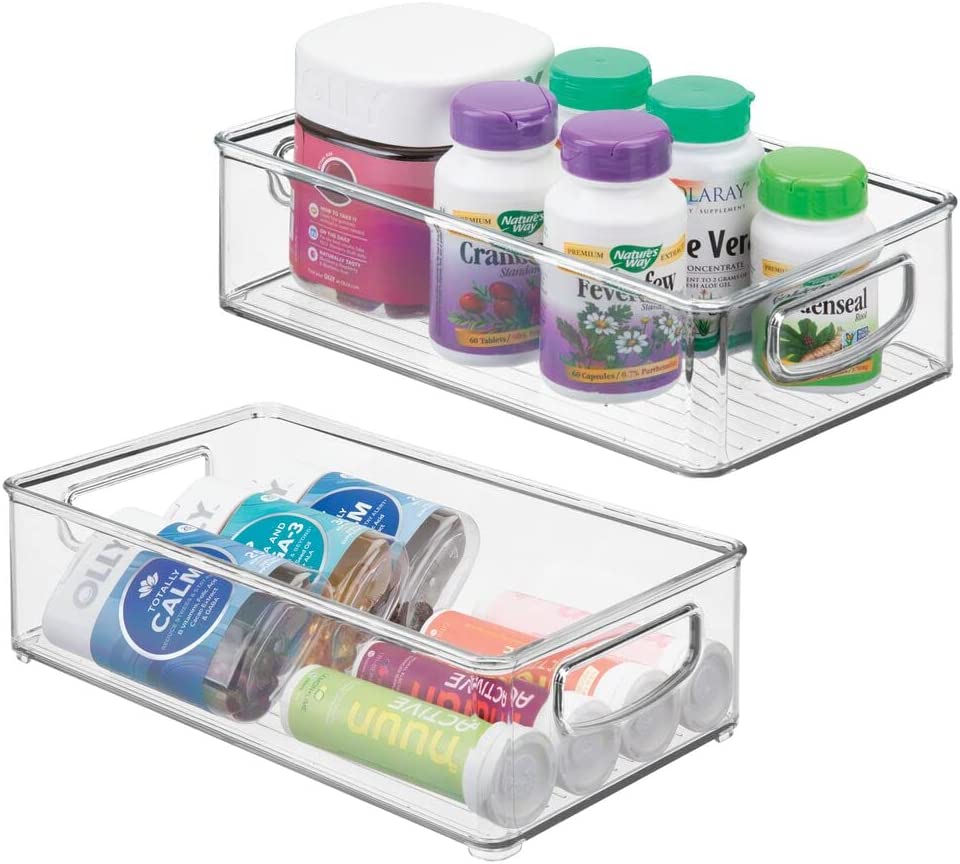mDesign Plastic Bathroom Organizer - Storage Bin with Handles for Vanity, Cupboard, or Closet - 2 Pack - Clear