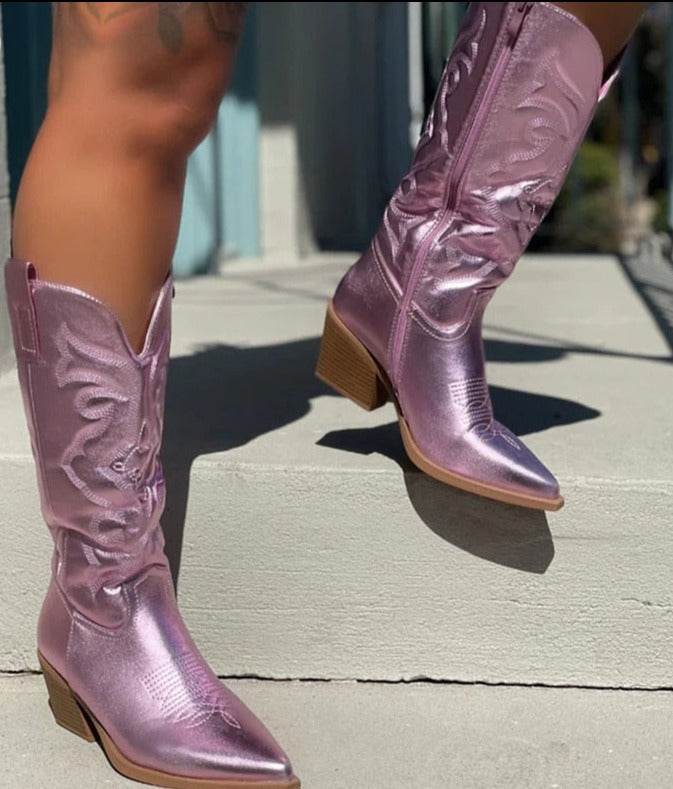 Ladies Long Cowgirl Boots - Embroidered Pointed Toe Western Boots with Chunky Heel