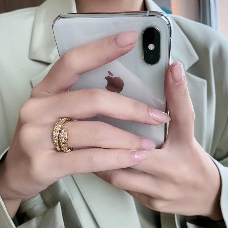 Exquisite Copper Inlaid Zircon Bamboo Snake Ring for Women - Adjustable Prom Party Ring