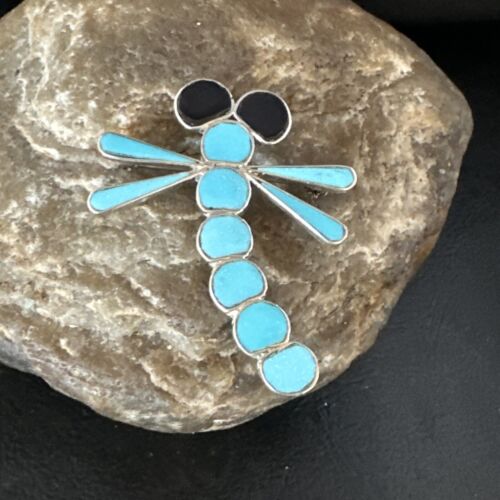 Blue Kingman Turquoise Zuni Sterling Silver Dragonfly Inlay Pin Pendant