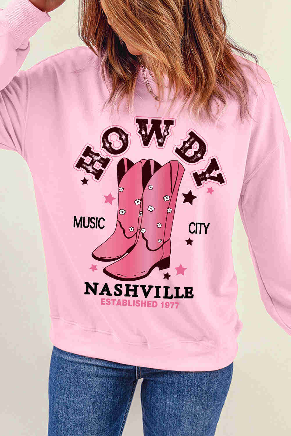 Cowboy Boots Graphic Dropped Shoulder Sweatshirt - Casual Round Neck Long Sleeve