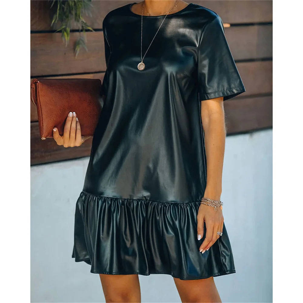Black Faux PU Leather Short Sleeve Mini Dress for Women
