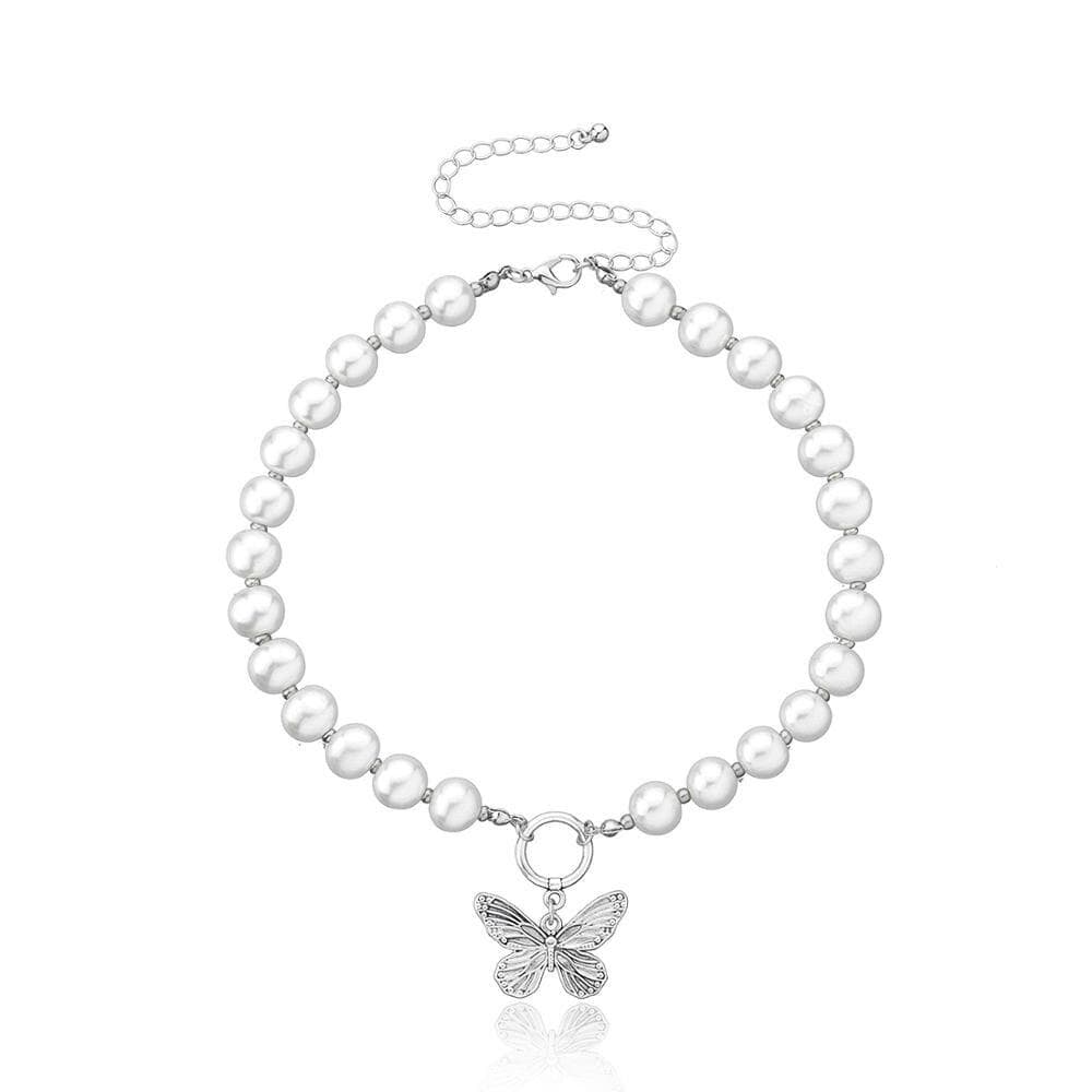 Annabella Butterfly Pearl Necklace - 925 Sterling Silver with Cubic Zirconia