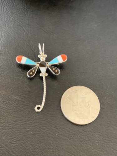 Handmade Zuni Turquoise MOP Inlay Dragonfly Sterling Silver Necklace Pendant