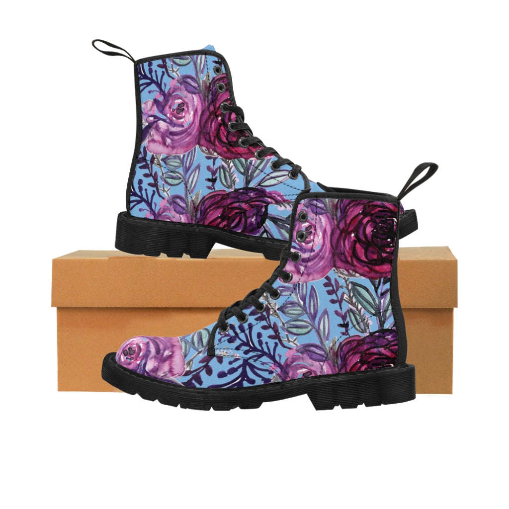 Vintage Blue Purple Floral Women's Boots - Designer Flower Print Hiking Boots
