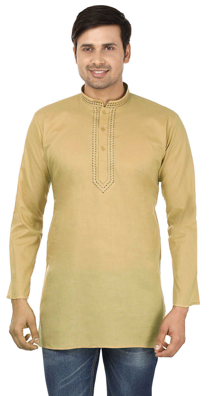 Men's Embroidered Cotton Short Kurta Shirt - Casual Wear (Buff)