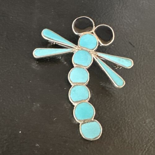 Blue Kingman Turquoise Zuni Sterling Silver Dragonfly Inlay Pin Pendant