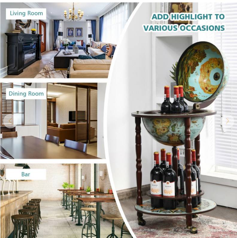 17 Inch Unique Retro Globe Wine Bar - 16th-Century Italian World Map Liquor Bottle Shelf Cart