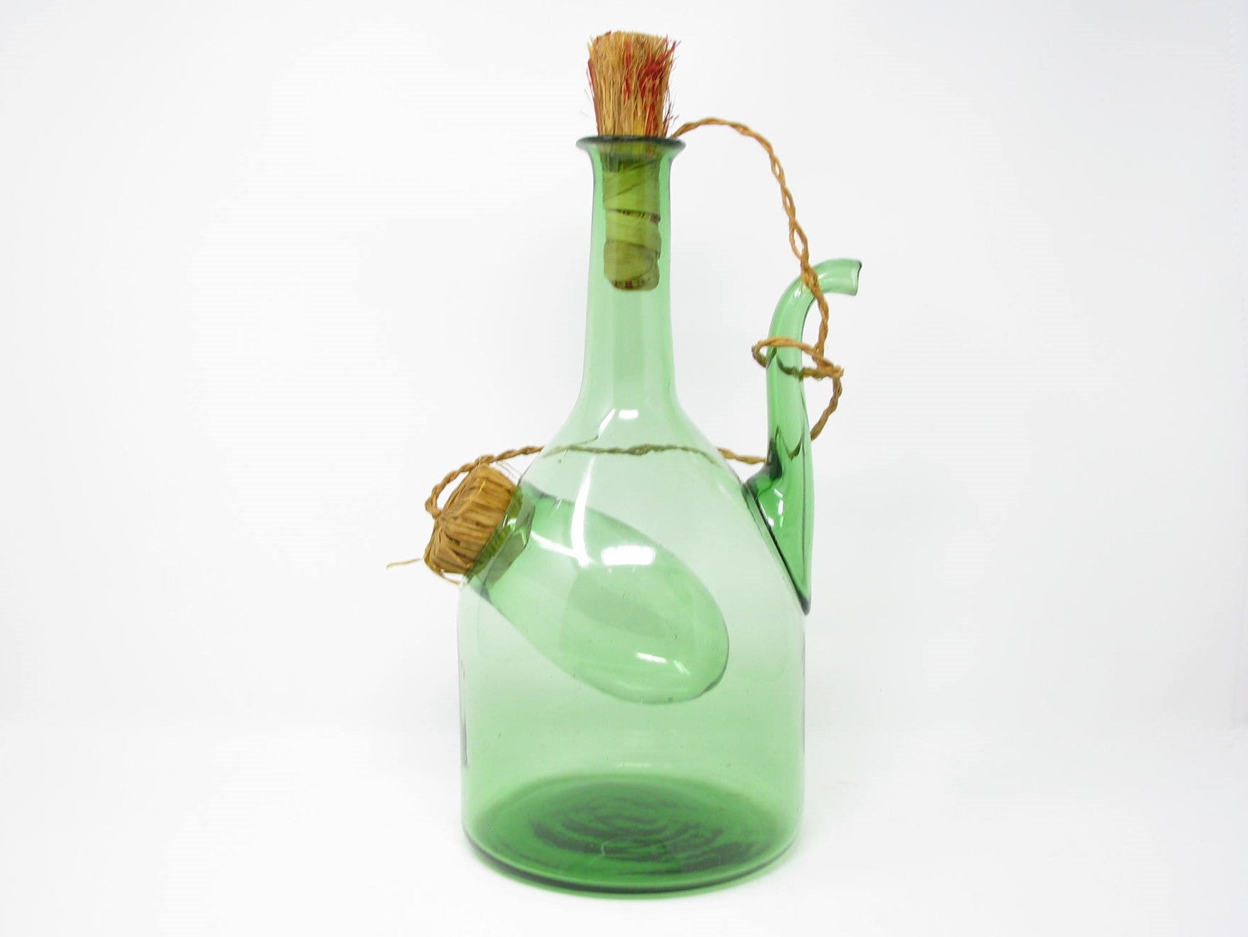 Vintage Italian Green Blown Glass Wine Decanter with Straw Stoppers