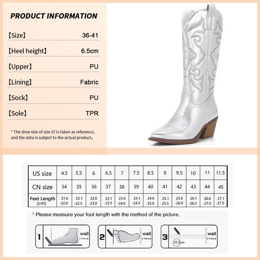 Ladies Long Cowgirl Boots - Embroidered Pointed Toe Western Boots with Chunky Heel