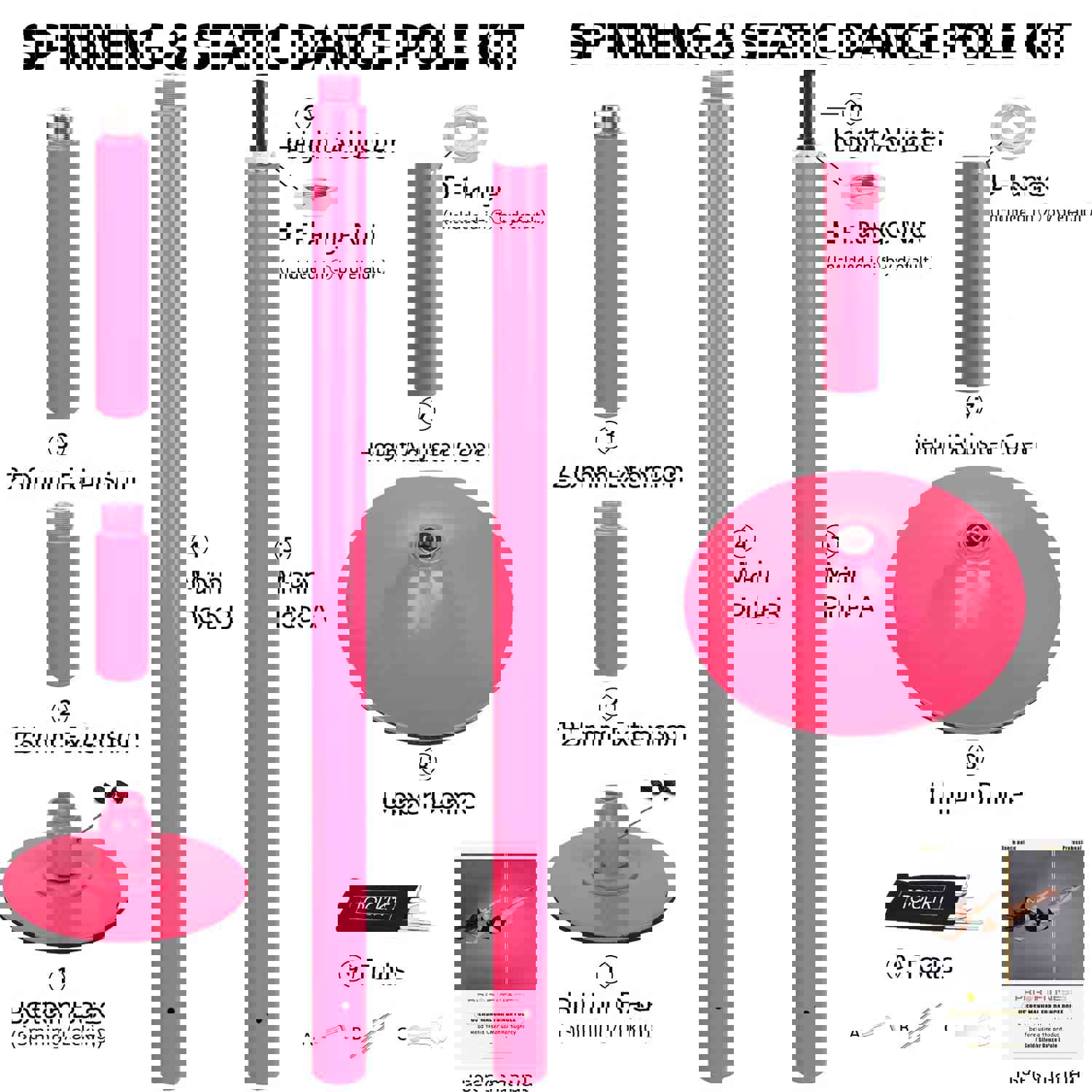 45mm Removable Dance Pole Set - Spinning & Static Fitness Pole for Home, Club, Party (Pink)