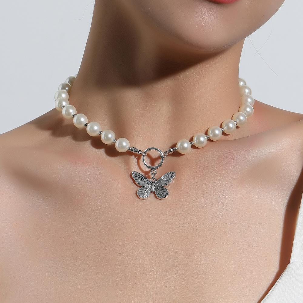 Annabella Butterfly Pearl Necklace - 925 Sterling Silver with Cubic Zirconia