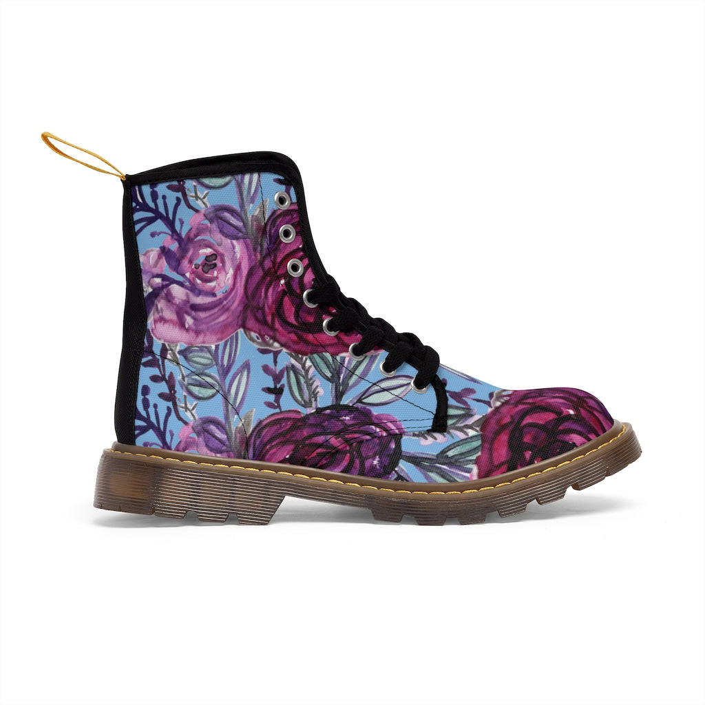 Vintage Blue Purple Floral Women's Boots - Designer Flower Print Hiking Boots