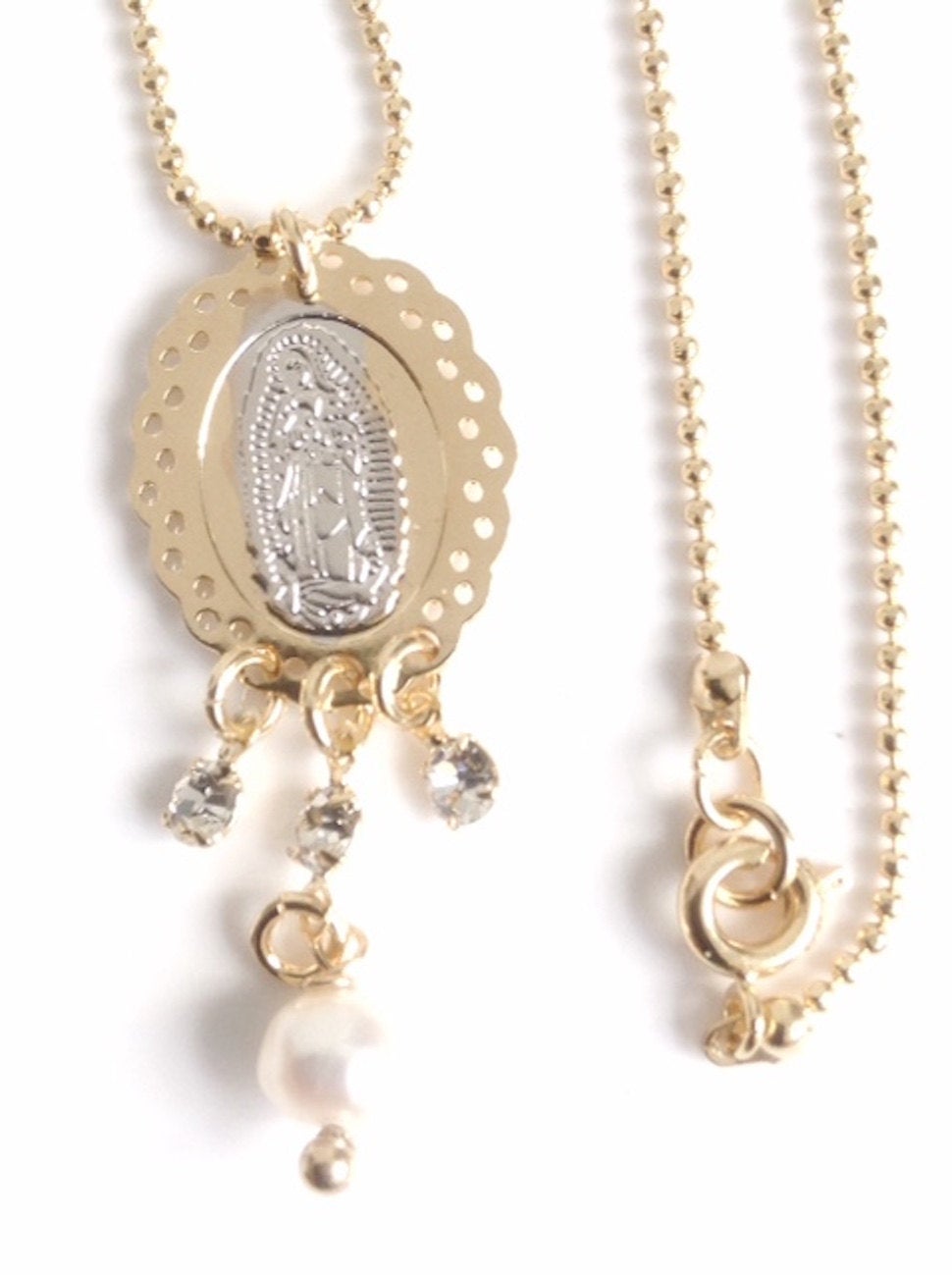 Virgen de Guadalupe Necklace - Gold and Silver Plated Virgin Mary Pendant with Rhinestones and Freshwater Pearl