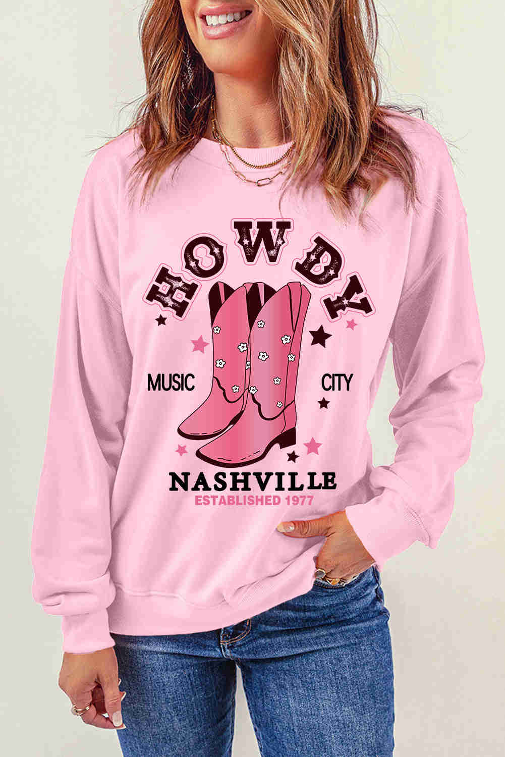 Cowboy Boots Graphic Dropped Shoulder Sweatshirt - Casual Round Neck Long Sleeve