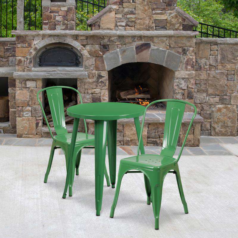 Flash Furniture Napoleon Commercial Grade 24 Round Green Metal Indoor-Outdoor Table Set with 2 Cafe Chairs