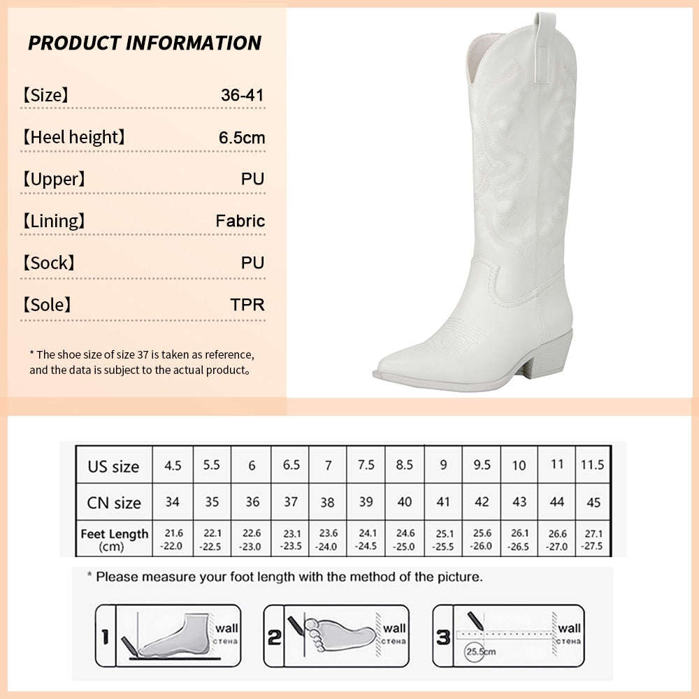 Ladies Long Cowgirl Boots - Embroidered Pointed Toe Western Boots with Chunky Heel