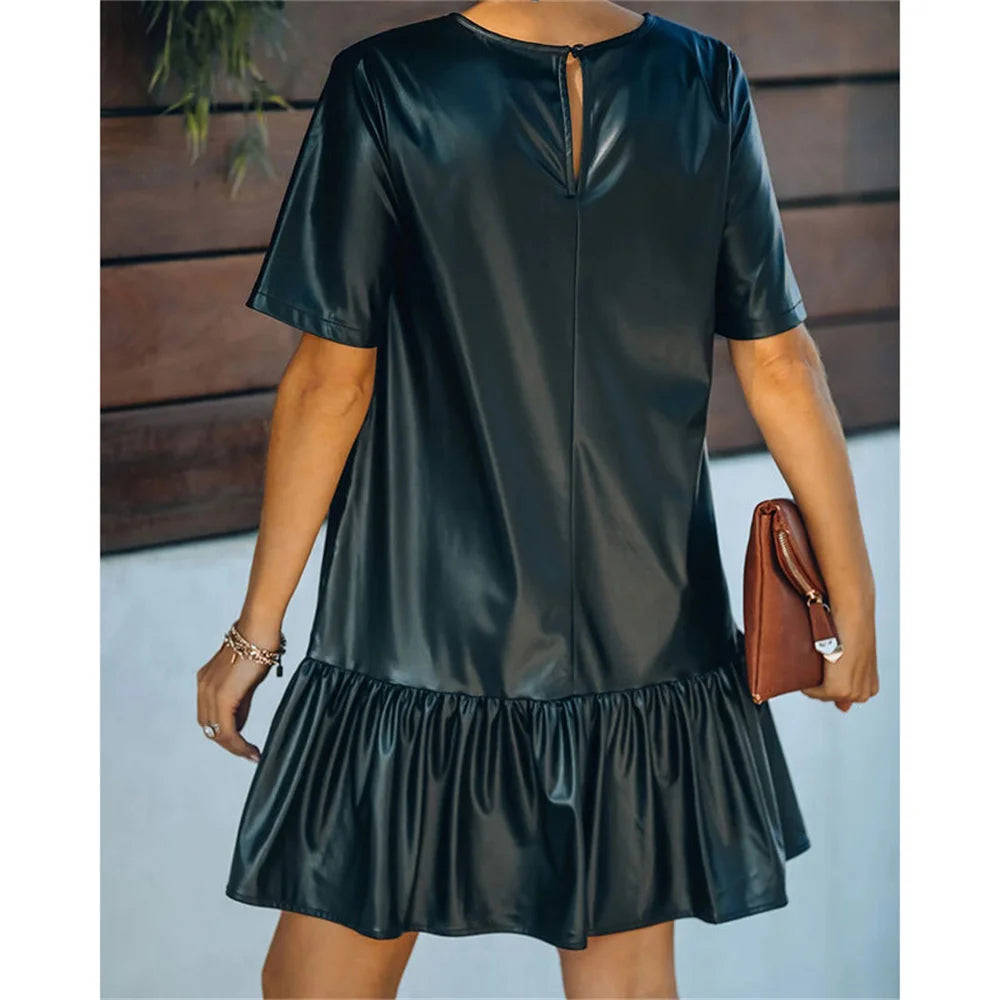 Black Faux PU Leather Short Sleeve Mini Dress for Women