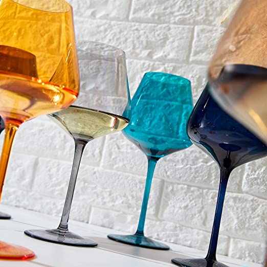 Jewel Colored Crystal Wine Glass Set of 6 - Elegant Italian Style Drinkware for Celebrations