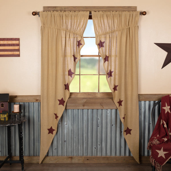 Primitive Burlap with Burgundy Star Prairie Swag Curtains