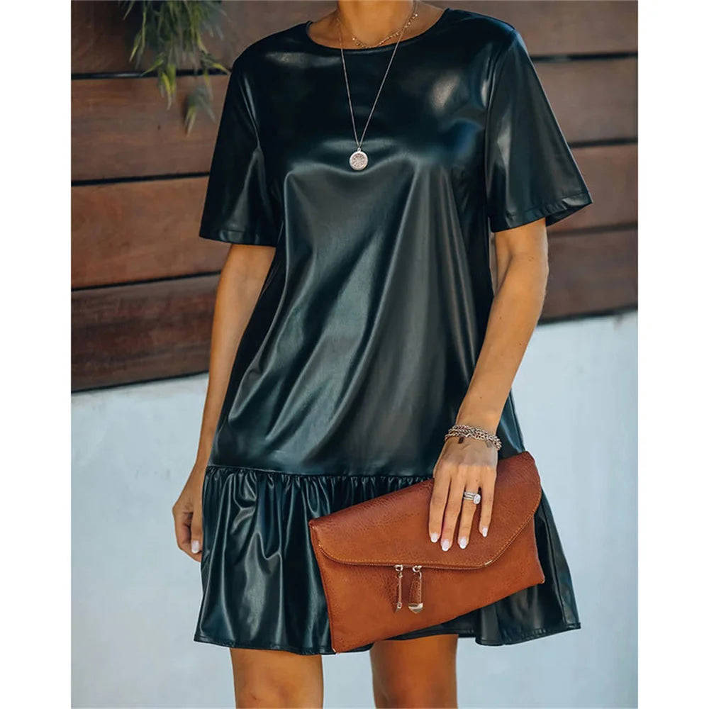 Black Faux PU Leather Short Sleeve Mini Dress for Women