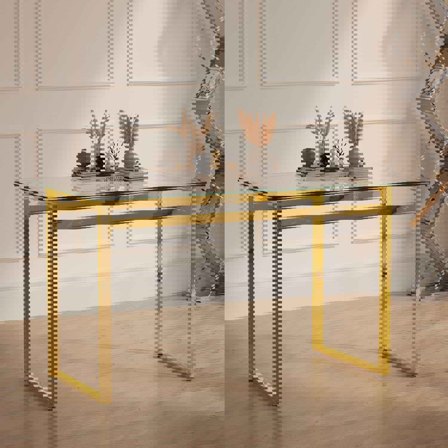 Modern Minimalist Rectangular Glass Dining Table for 4-6 with Tempered Glass Tabletop and Golden Chrome Legs