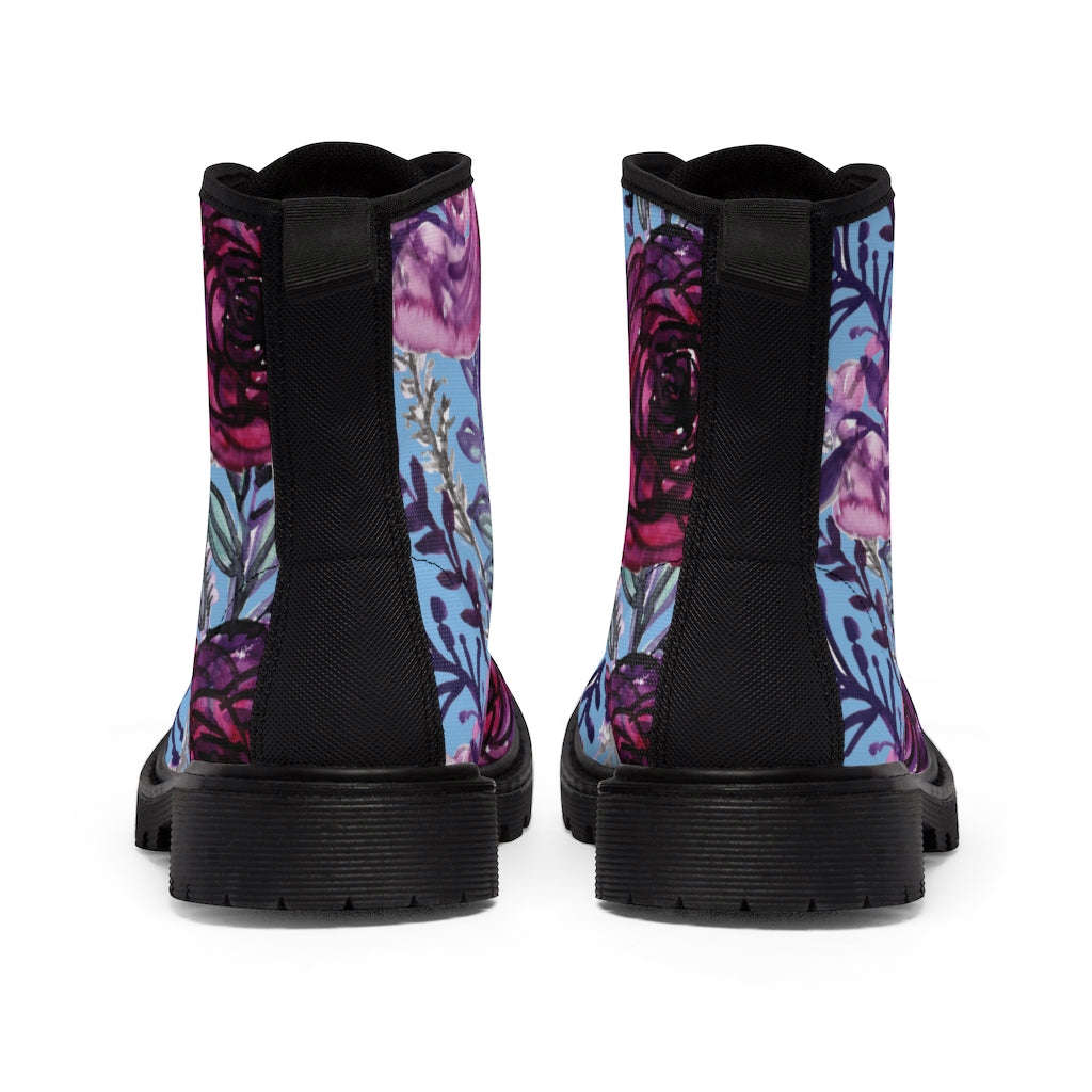 Vintage Blue Purple Floral Women's Boots - Designer Flower Print Hiking Boots