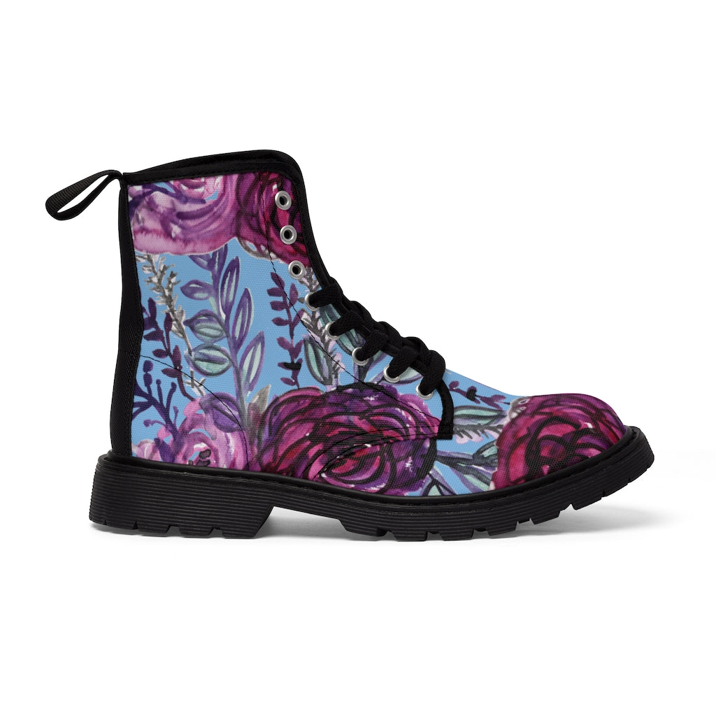 Vintage Blue Purple Floral Women's Boots - Designer Flower Print Hiking Boots