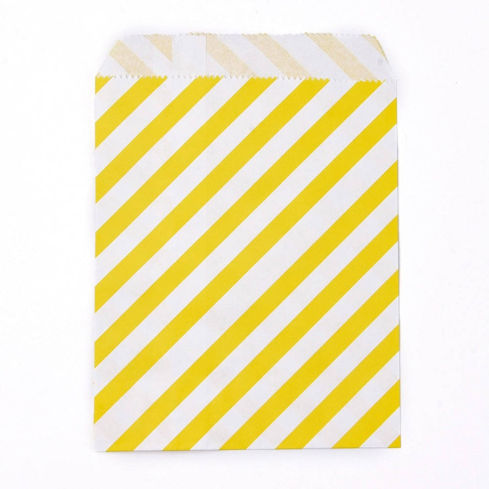 100 pc Kraft Paper Bags, No Handles, Food Storage Bags, Stripe Pattern, Yellow, 18x13cm
