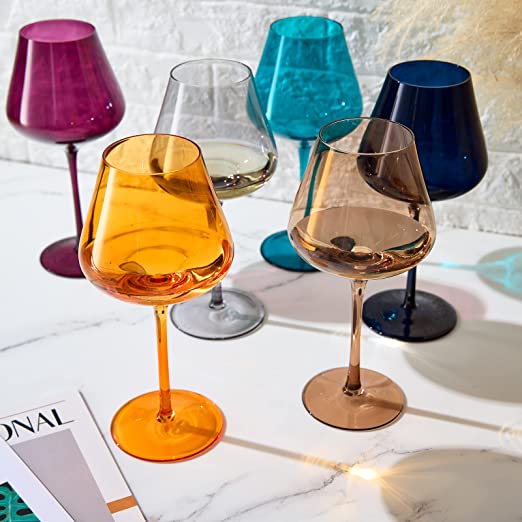 Jewel Colored Crystal Wine Glass Set of 6 - Elegant Italian Style Drinkware for Celebrations